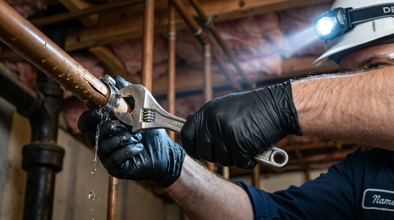 Emergency pipe clamp repair being performed by a Johns Plumbing LLC plumber in Millington