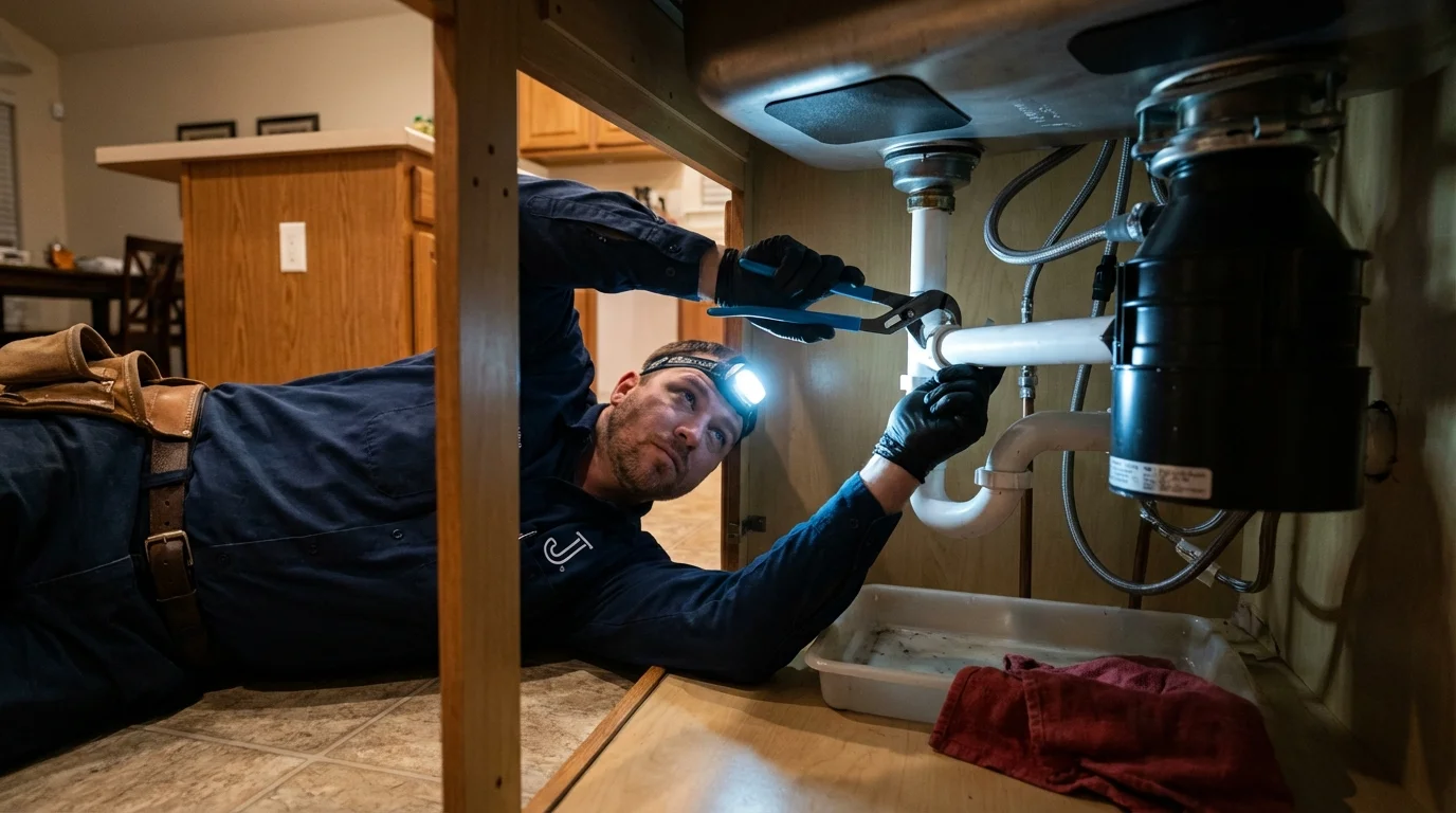 P-trap and supply line connections under a kitchen sink showing a common leak point in Millington, TN